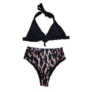 Black Halter Bikini Set High-Waisted Printed Bottoms Size M Swimwear Women